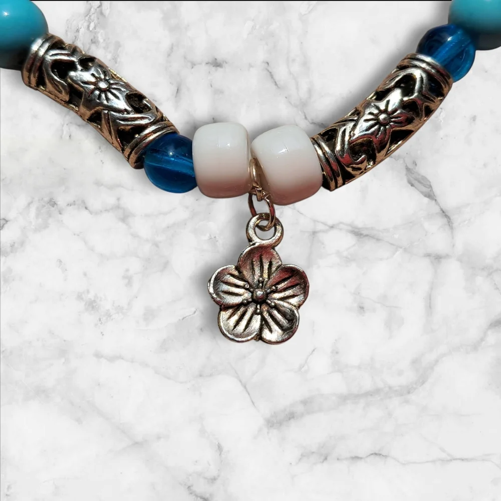 New Silver, Blue And White Floral Bracelet‎